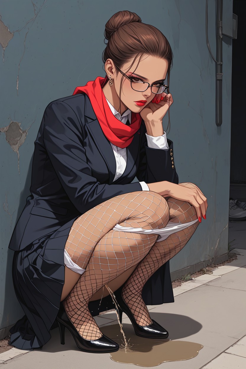 Gray Long Skirt Topping Knees, Three Quarters View, Panties Between Knees Hentai AI Porn