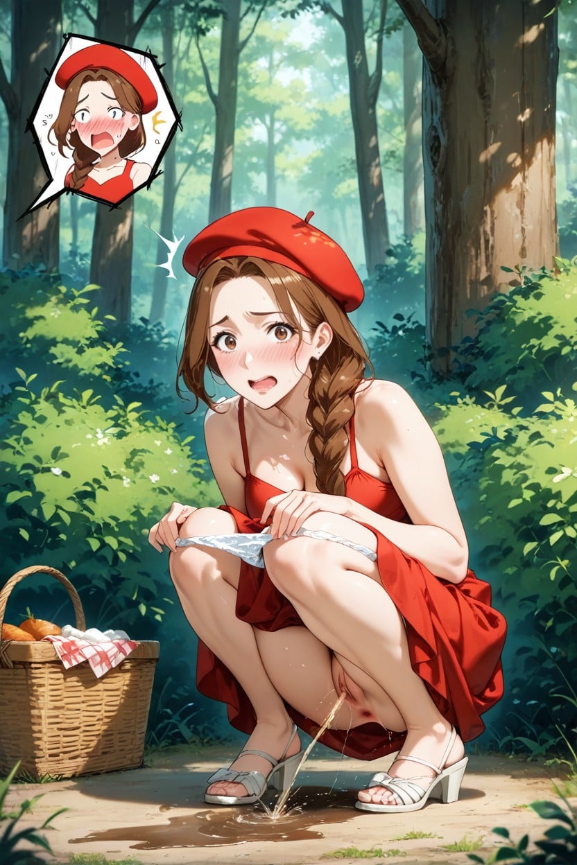 Embarrassed , Red Sundress, Red Cap On Head Hentai AI Porn