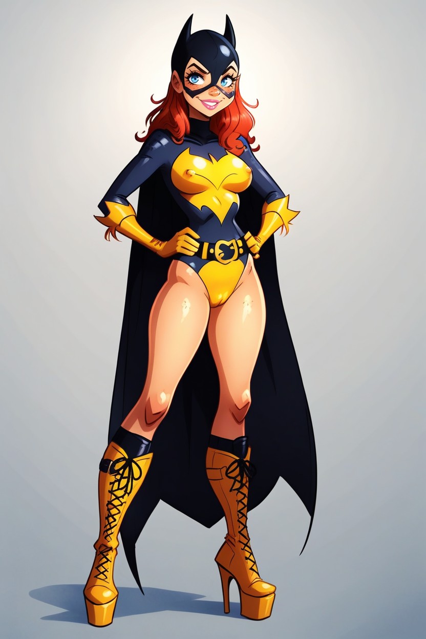 Spandex Batgirl Costume, Perfect Thigh Gap, Side View Hentai AI Porn