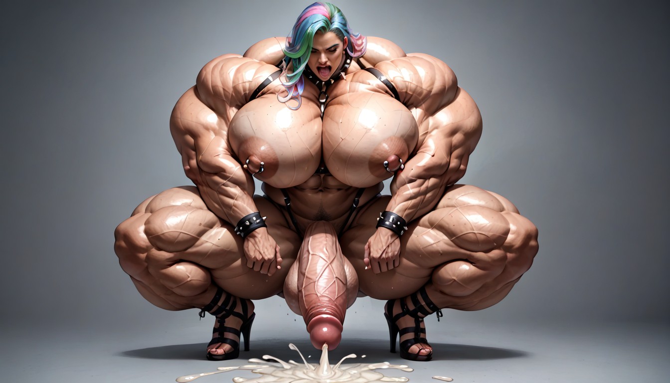 Spiked Cockring, Gigantic Muscular Shoulders, Erect Hyper Penis Ejaculating Upwards Travesti IA Pornô