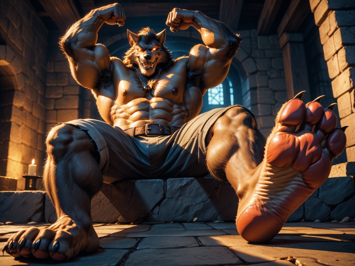 Arms Up Flexing Biceps, Paws For Feet, Sadistic Werewolf Is Showing Off His Soles KI Schwulenporno
