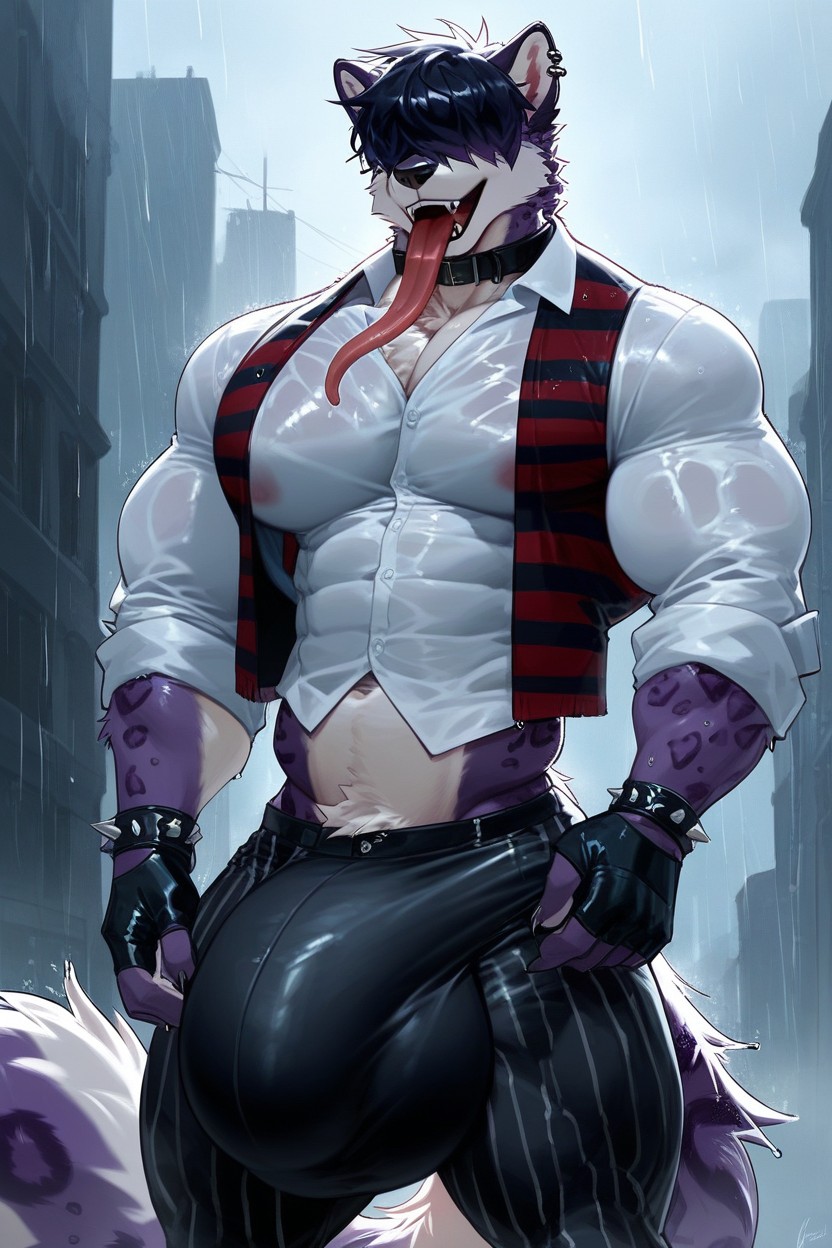 Black Hair And Violet Hair, Raining, Hyper Erect Cock Furry AI Porn