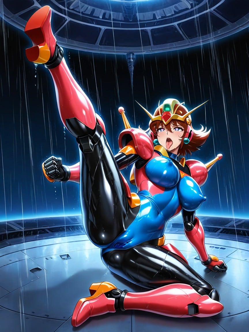 Metallic Blue Robot Bodysuit, Helmet With Red Visor And Headphones, Full Body Hentai AI Porn