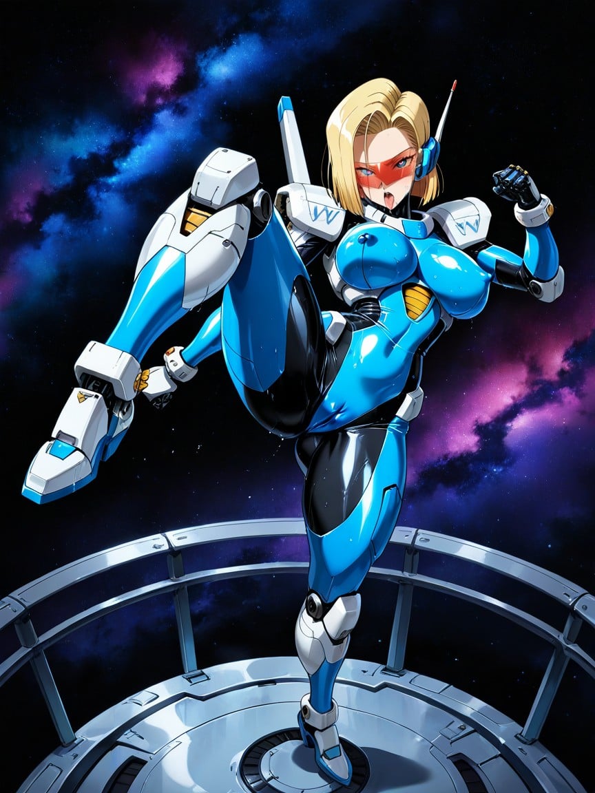 Helmet With Red Visor And Headphones, Metallic Body, Clenched Fist Hentai AI Porn
