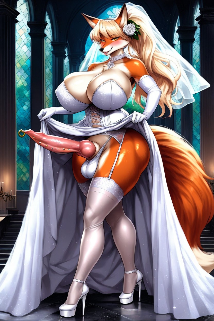 Blushing, Gold Eyes, Wedding Dress Furry AI Porn