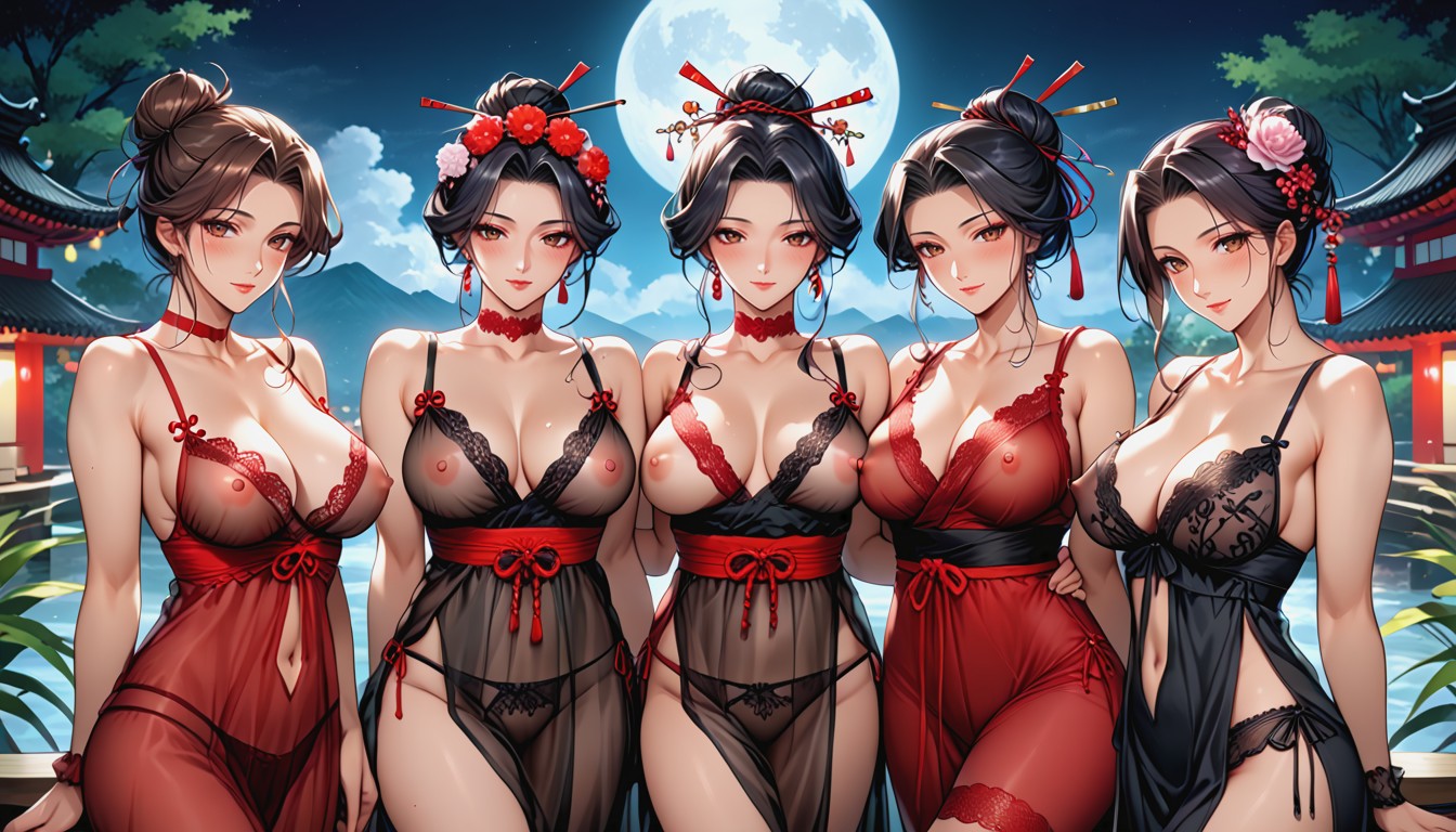 Harem, Stroking Bottom Of Own Breasts, Frilly Thigh Bands Hentai AI Porn
