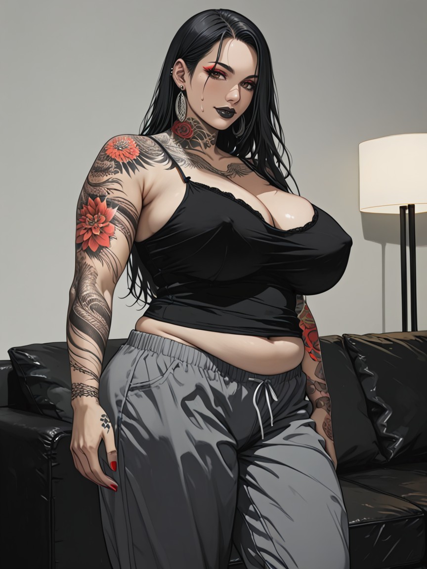 Excessive Tattoos On Legs, Seductive Face, Cleavage Hentai AI Porn