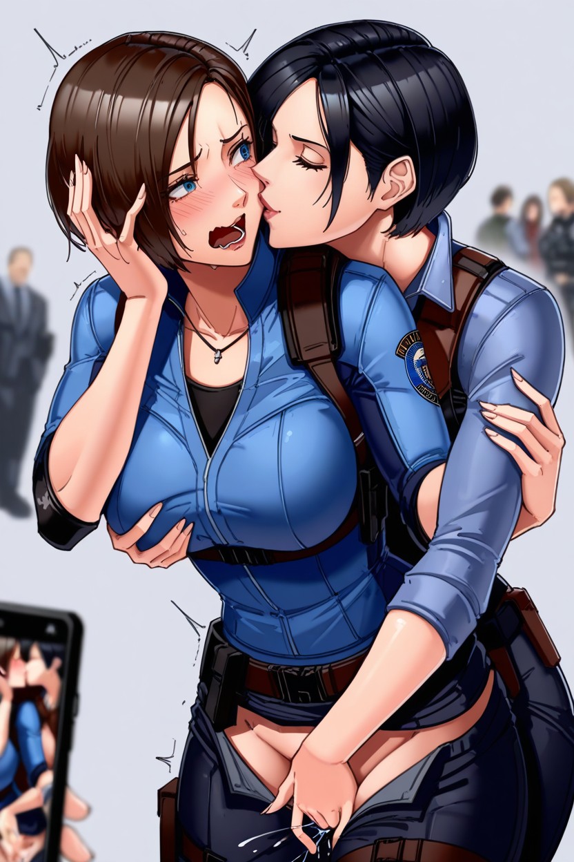 Two Females, Blurred Background, Gray Background AI Porn