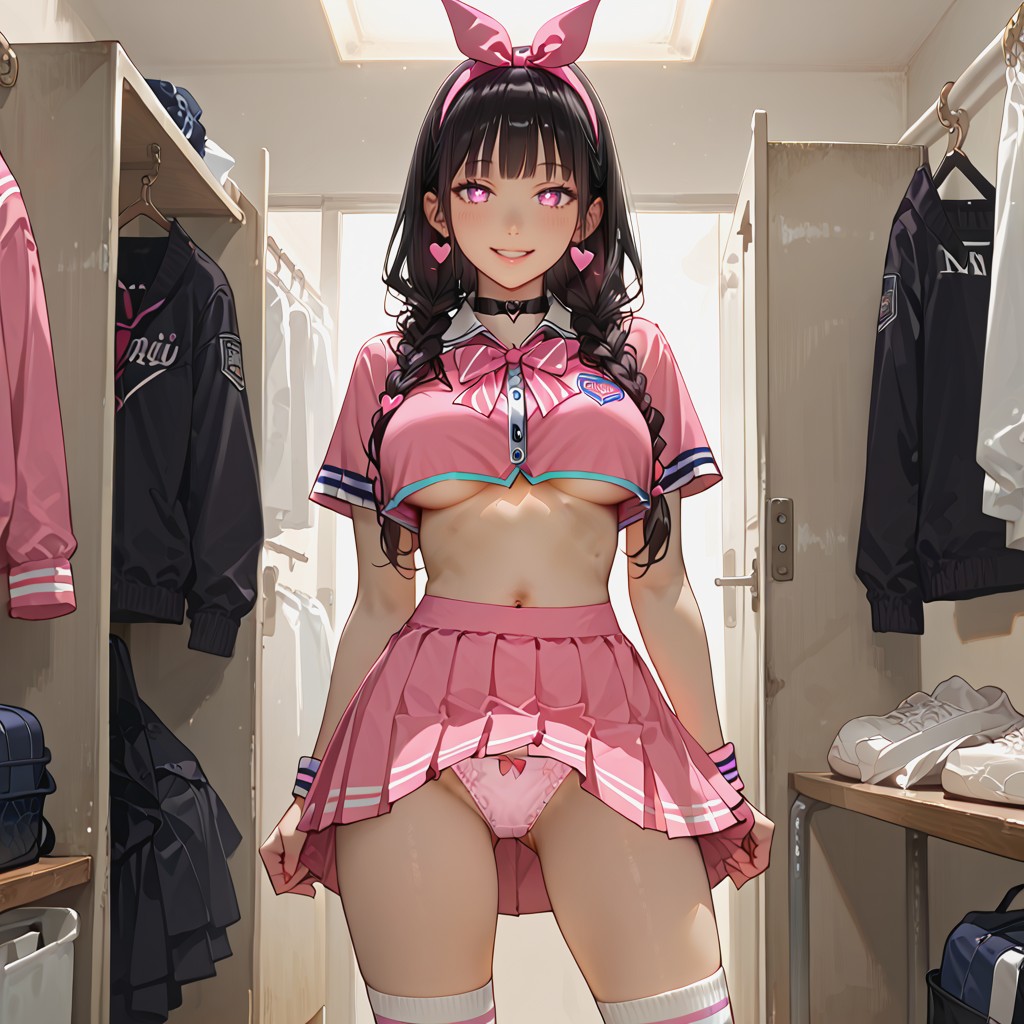 Jewelry, Bow Hairband, Wearing Pink Cheerleader Costume Hentai AI Porn