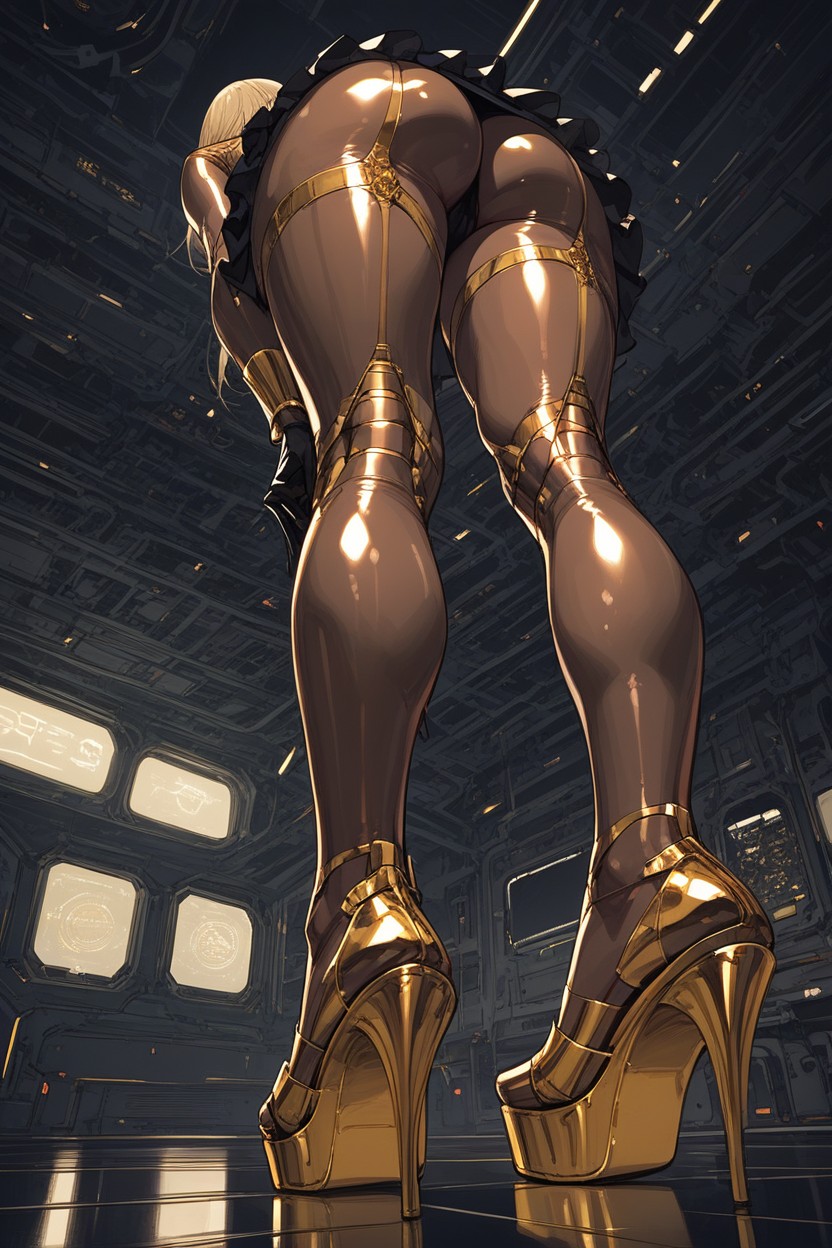 Luxurious Golden Metallic Harness, Knees Drawn Up, Snatched Waist Hentai AI Porn