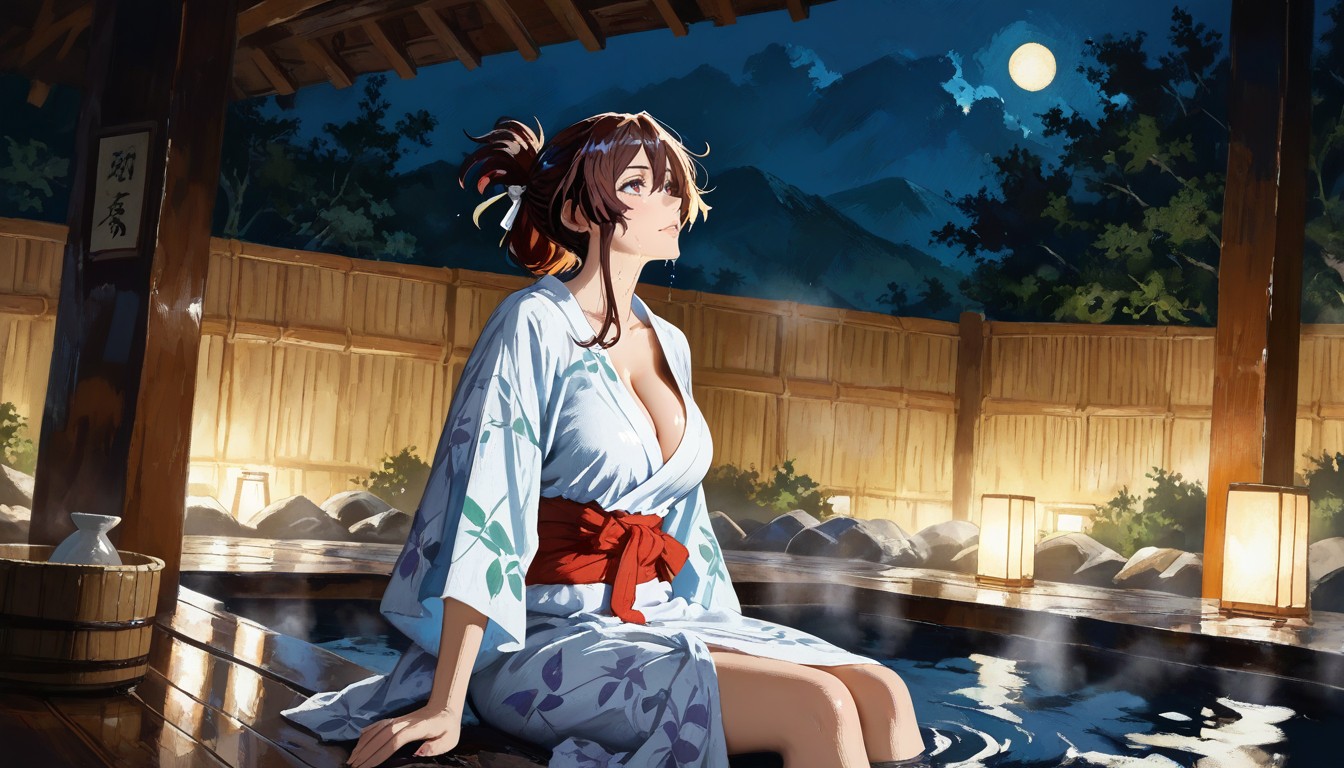 Night, Steam Partially Obscuring Background, Folded Ponytail Hentai AI Porn