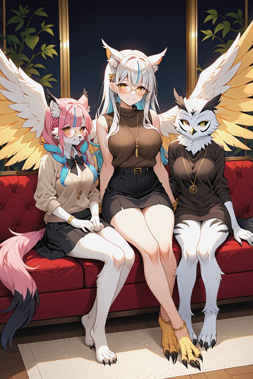 Black Skirt, Relaxed Outfits, White Feathers With Black Spots Furry AI Porn