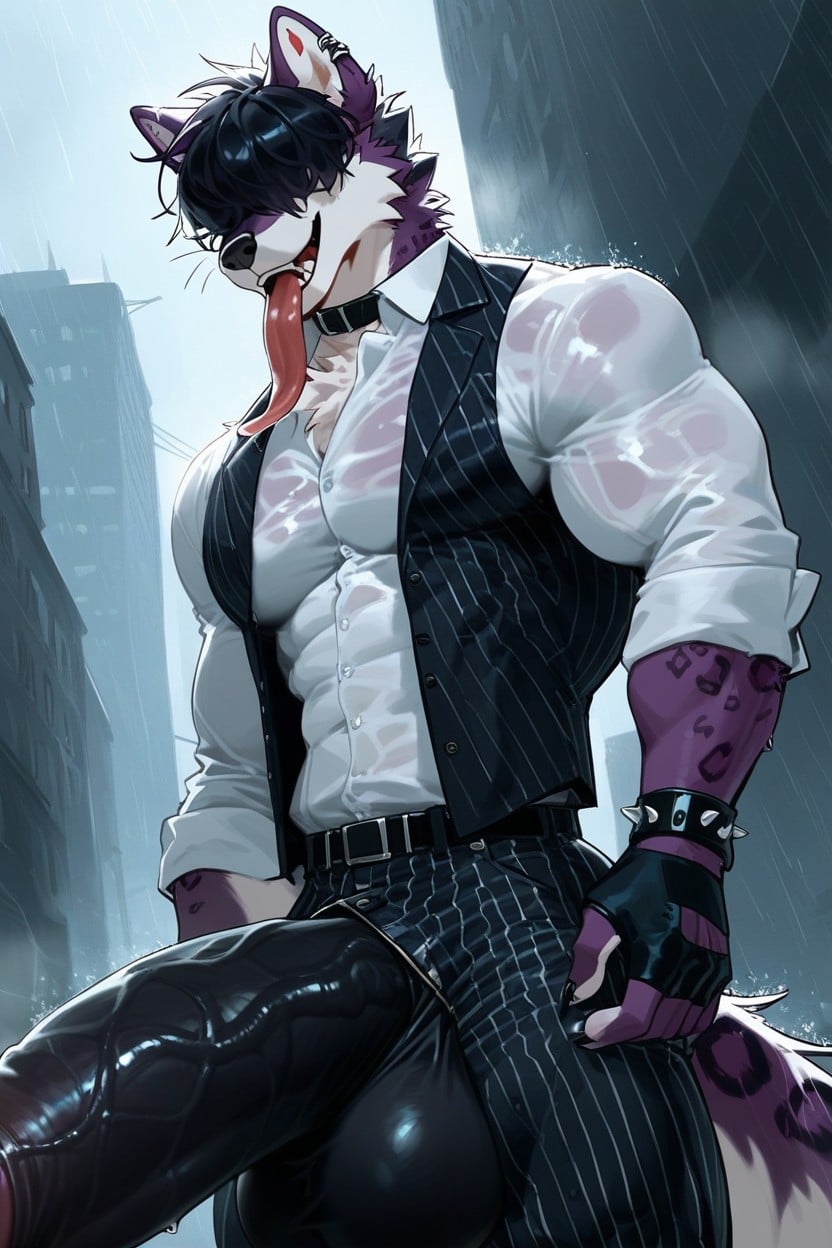 Black Collar With Spikes, Black Hair And Violet Hair, Hair Over Eyes Furry AI Porn