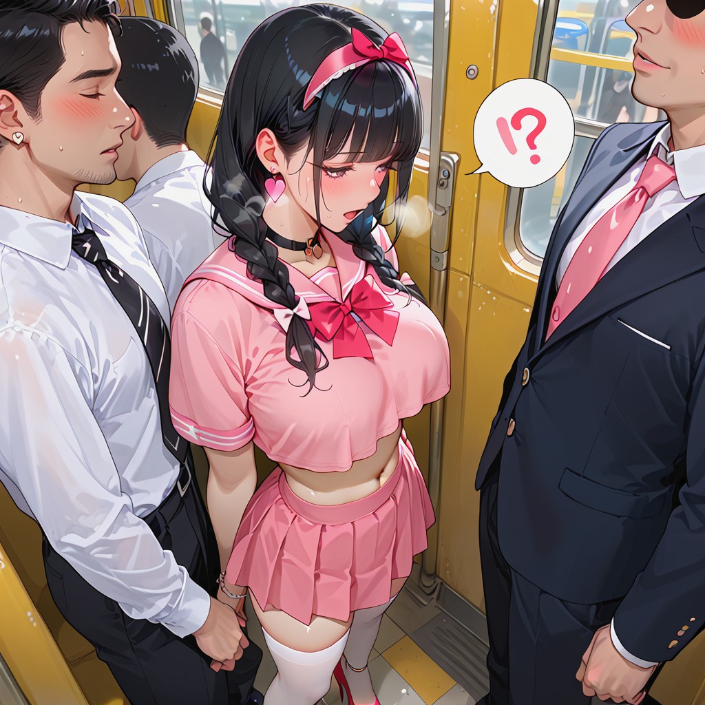 Pink Bowtwin Braids, Subway Car Surrounded By Men, Long Hair Hentai AI Porn