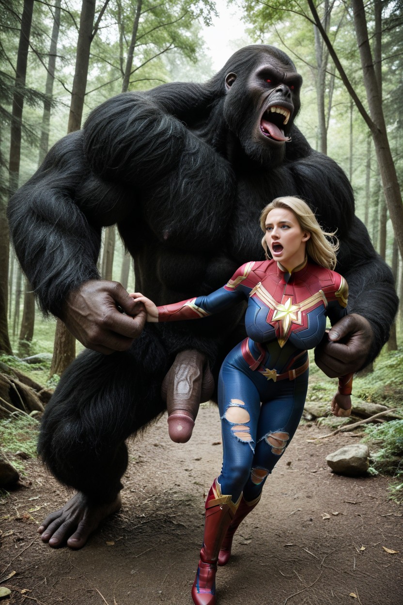 Girlfriend-like Face, Ripped Clothes , Giant Beast Like King Kong Behind Her AI Porn