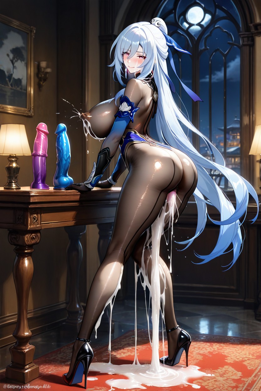 Areola Visible, Luxury White-blue Bodystocking Cover Full Hips And Ass, Side View Hentai AI Porn