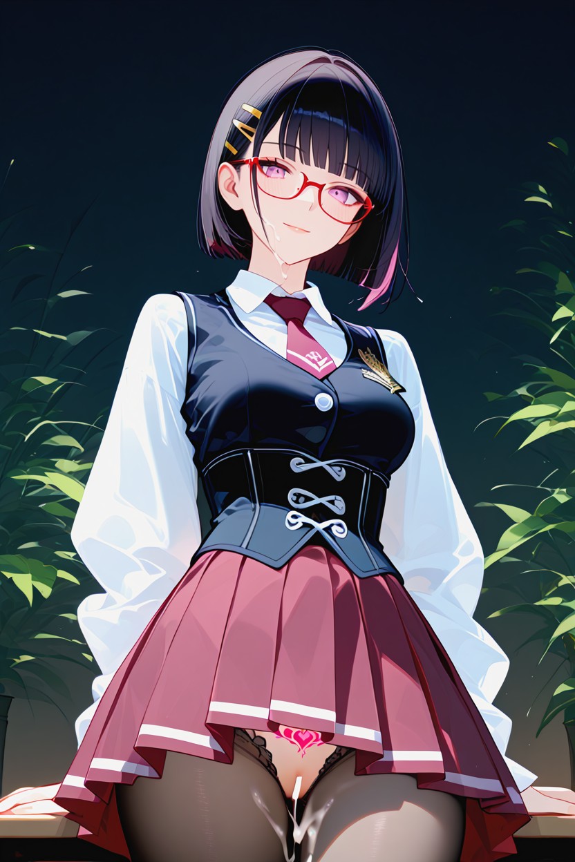 Black Colored Thick Ribbon On Neck, Bangs Blunt Bangs, 25+ Hentai AI Porn