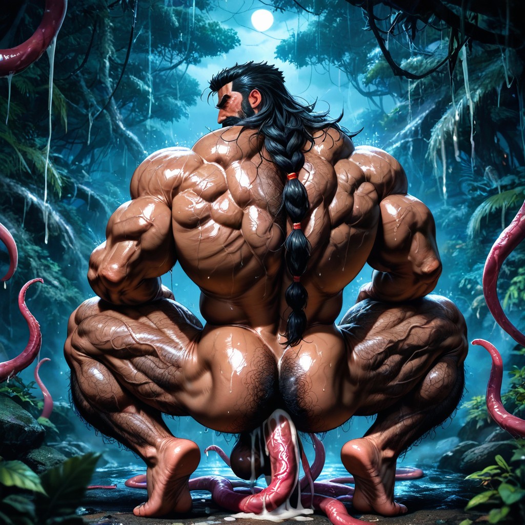 Huge Hairy Pecs, Very Sweaty And Oiled, Dark Tanned Skin Pornografia gay com IA