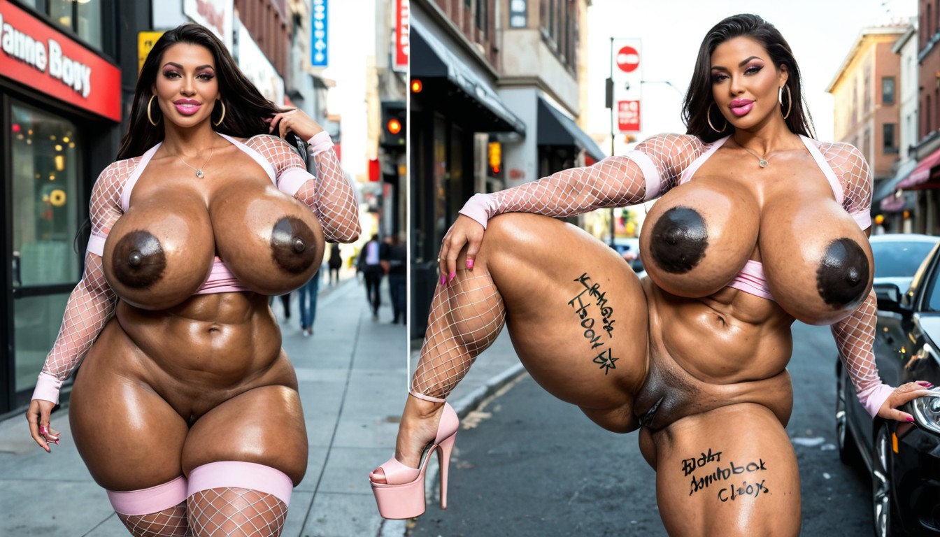 Gigantic Black Nipples, Gigantic Arm Biceps, Her Left Thigh Is Raised High Up In The Air To The Side Porno IA