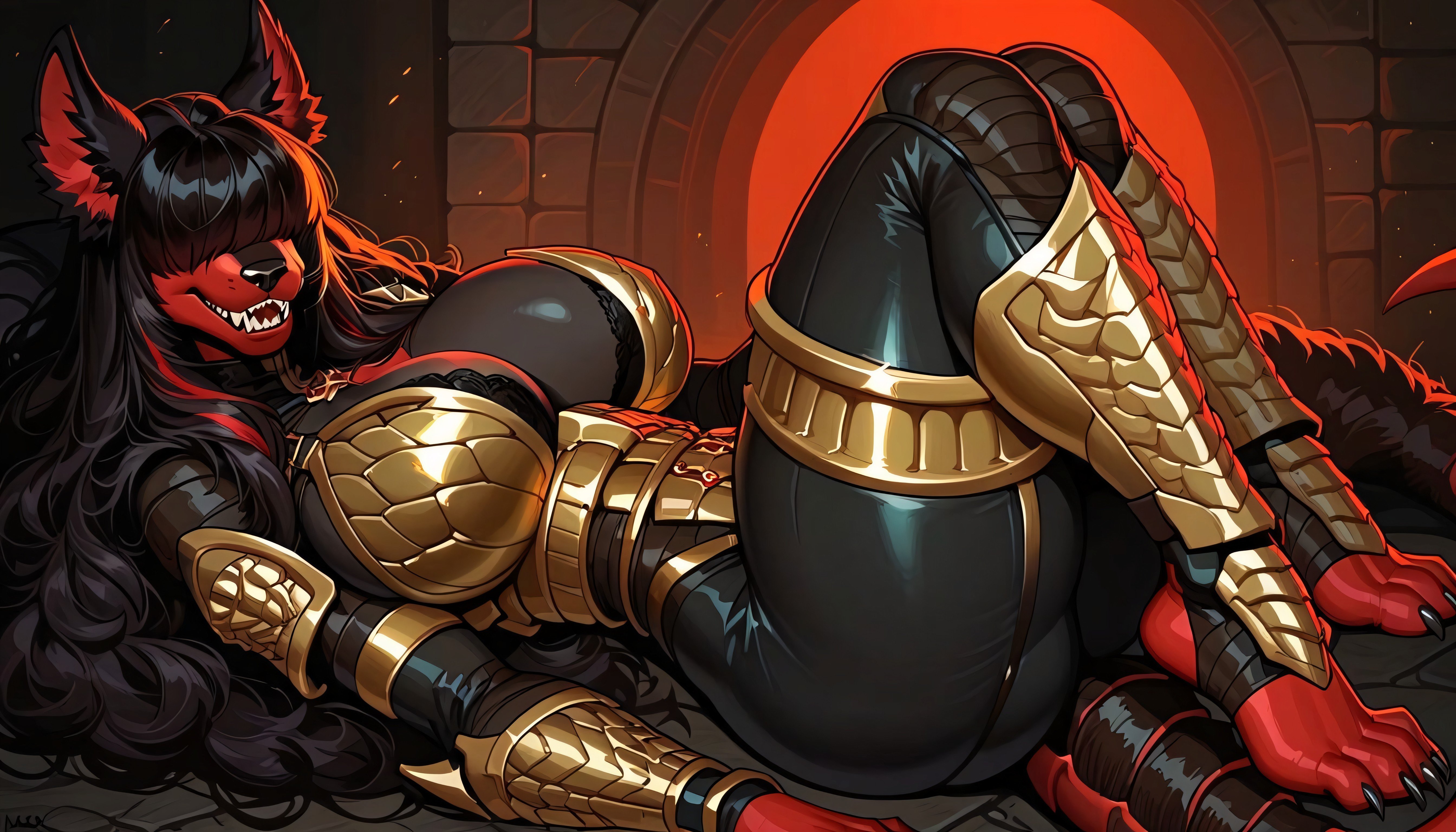 Black And Gold Bodysuit, Female, Shiny Red Skin Furry AI Porn