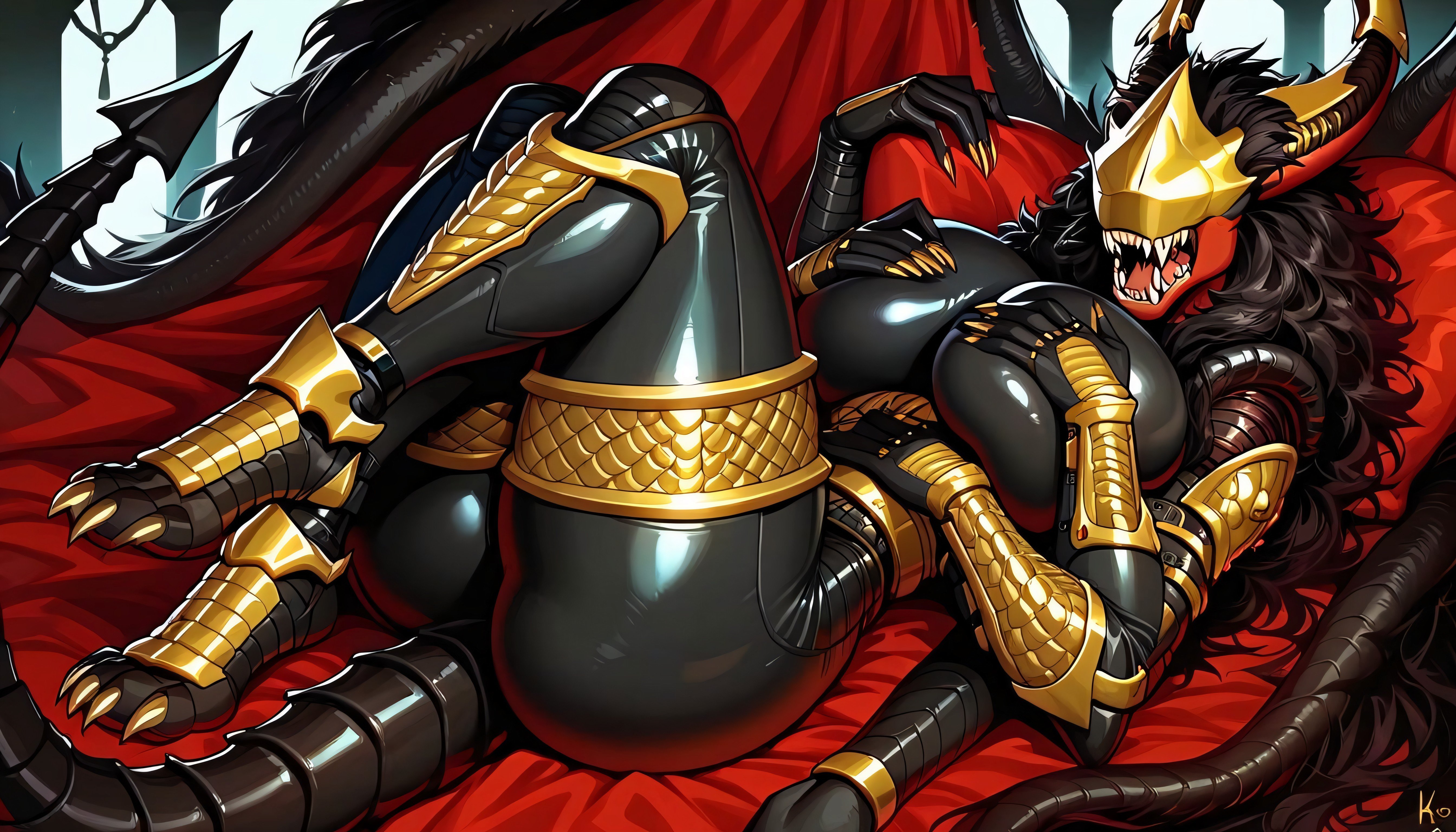 Fluffy Dragon, Black And Gold Bodysuit, Large Ass Furry AI Porn