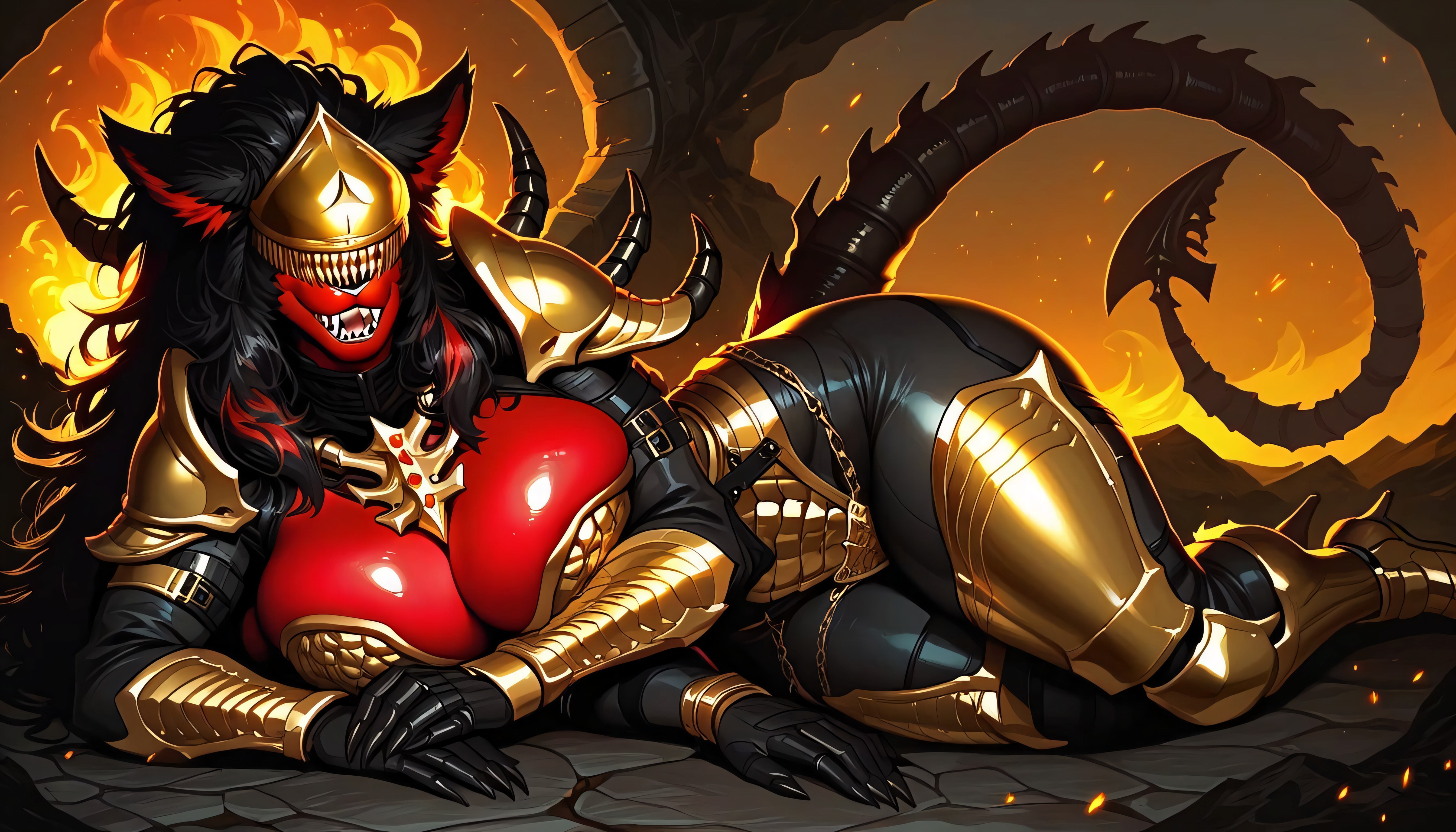 Laying On Side, Huge Breasts, Shiny Red Skin Furry AI Porn
