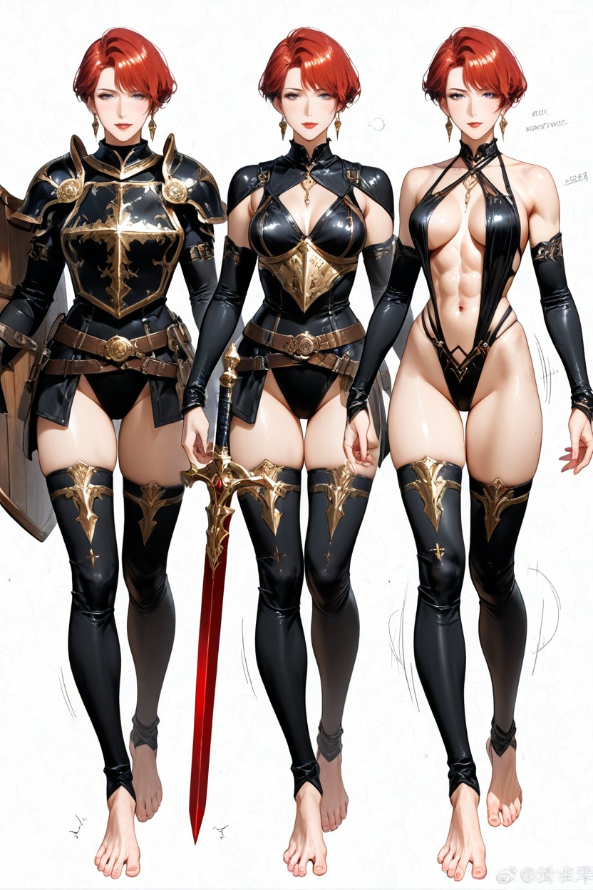 Heraldic Shield, Pixie Haircut Redhair V-shaped Body, Inspected Hentai AI Porn