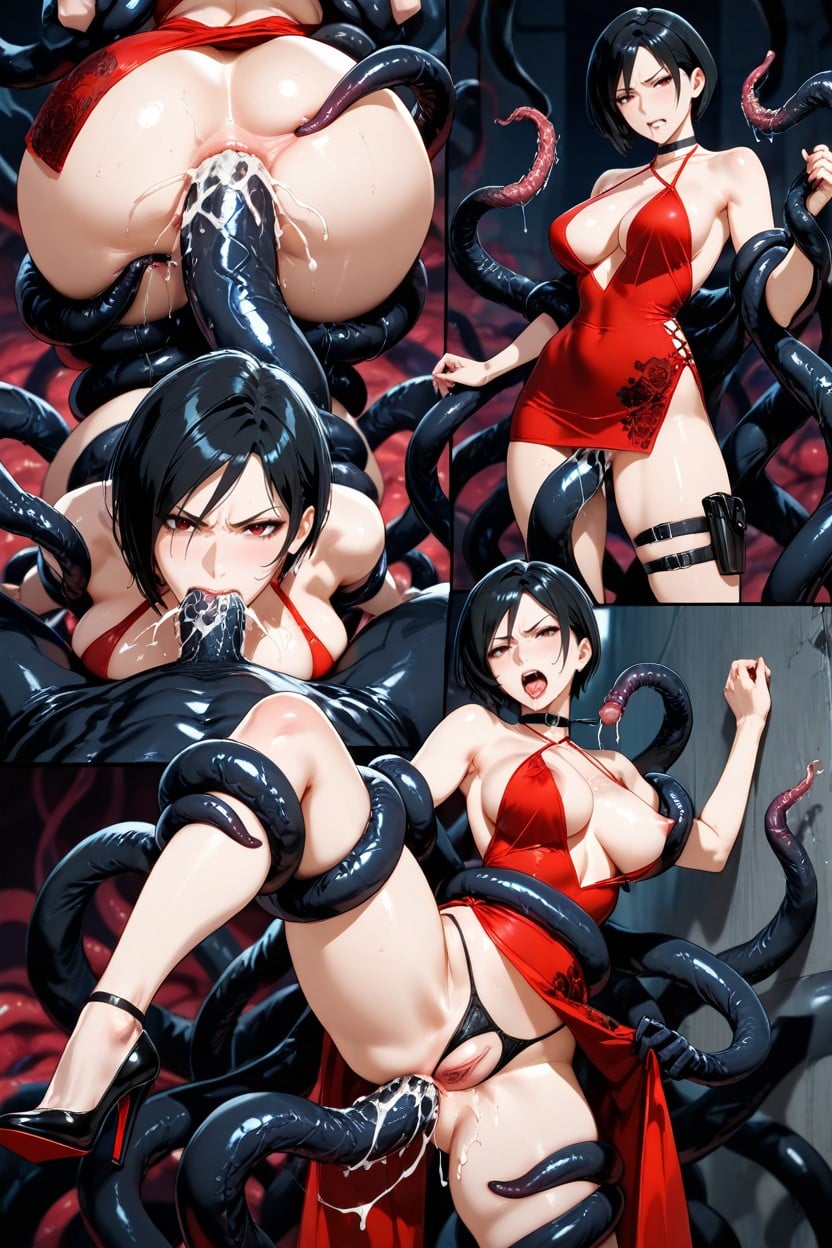 Double Penetration, Black Symbiote, Intense Dark Red Floor-length Sleeveless Backless Cheongsam Style Dress Hentai AI Porn