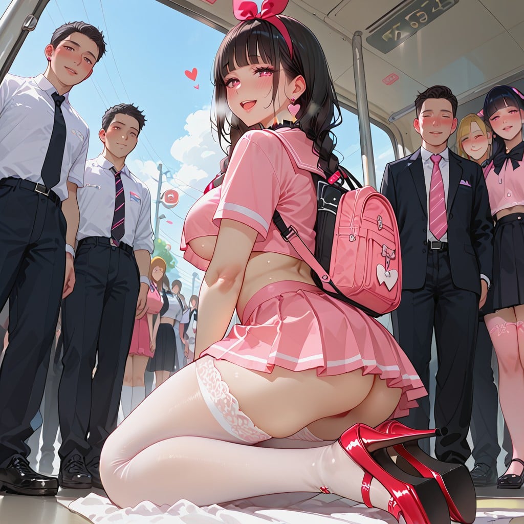 Bow Hairband, Pink Bowtwin Braids, White Hentai AI Porn