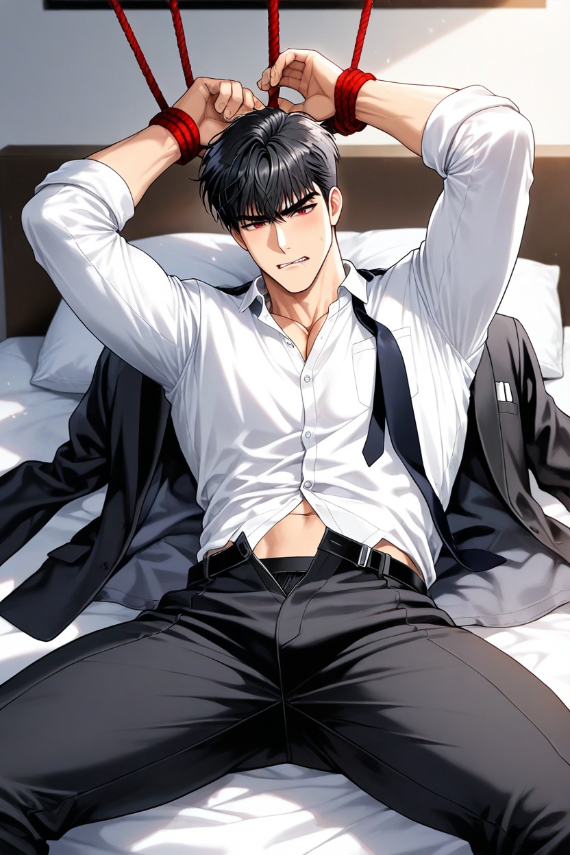 Sitting Down Legs Spread, Open Pants, Arms Up AI Gay Porn