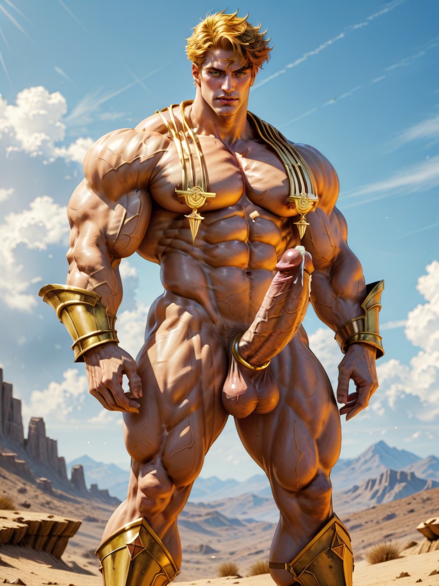 Tan Skin, Heavy Detailed Golden Ornate Cock Ring Covering Entire Shaft Of Cock, Golden Lyre AI Gay Porn