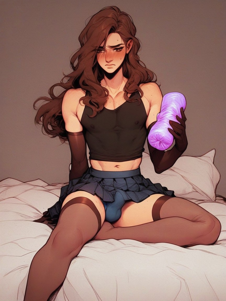 Skinny, Sitting On Bed, Hard Penis Hentai AI Porn