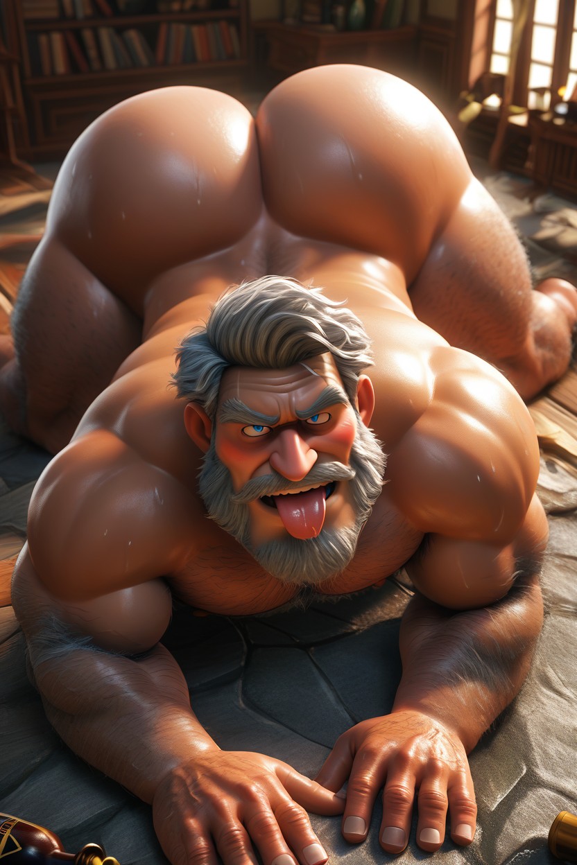Tongue Out, Sweaty, Full Body Shy Beard Caveman AI Gay Porn