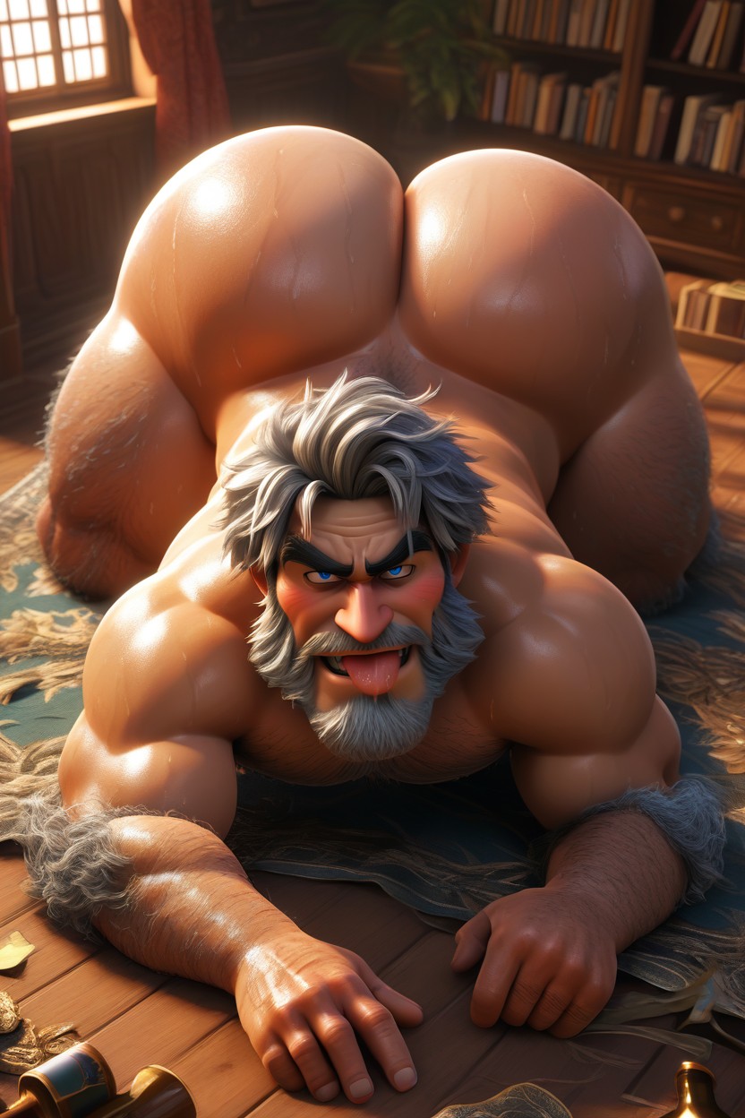 Full Body Shy Beard Caveman, In A Library, In Heat AI Gay Porn