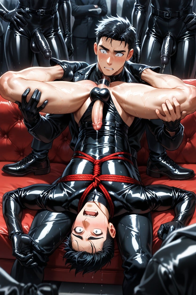 Sweaty Body, Wearing A Leather Harness He Is Standing, And Has A Strap Around His Cock And Ballsanal Penetration AI Gay Porn