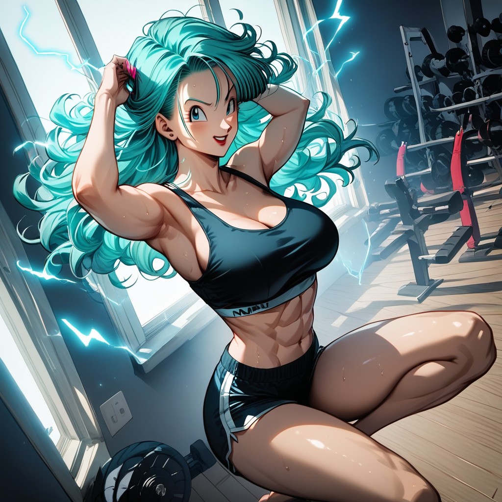 Ojos Azules, Gym, Sparks Of Blue Electricity Everywhere Around Body Hentai IA