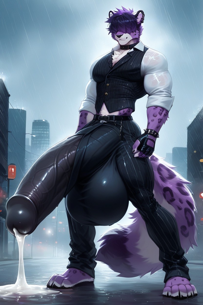Hyper Oversized Massive Enormous Bulge, Fingerless Gloves, Black Hair And Violet Hair Furry AI Porn