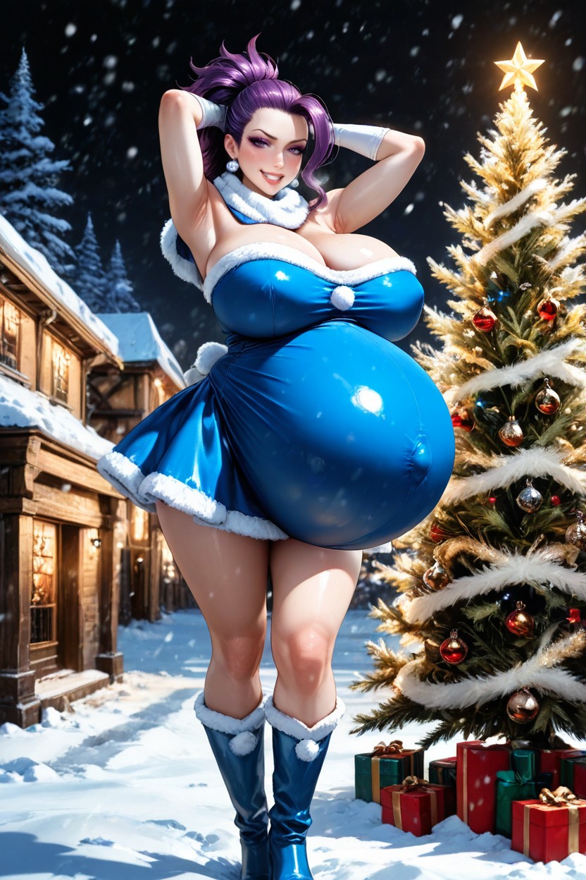 Cleavage, Blue Santa Dress, Puffed Cheeks AI Porn