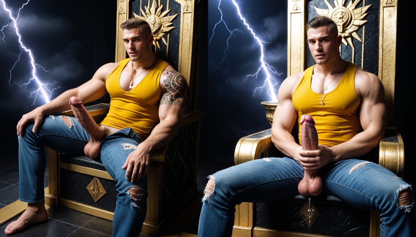 Wearing Ripped Jeans, Big Glowing Juicy Balls, Sitting On Lightning Throne Porno gay IA