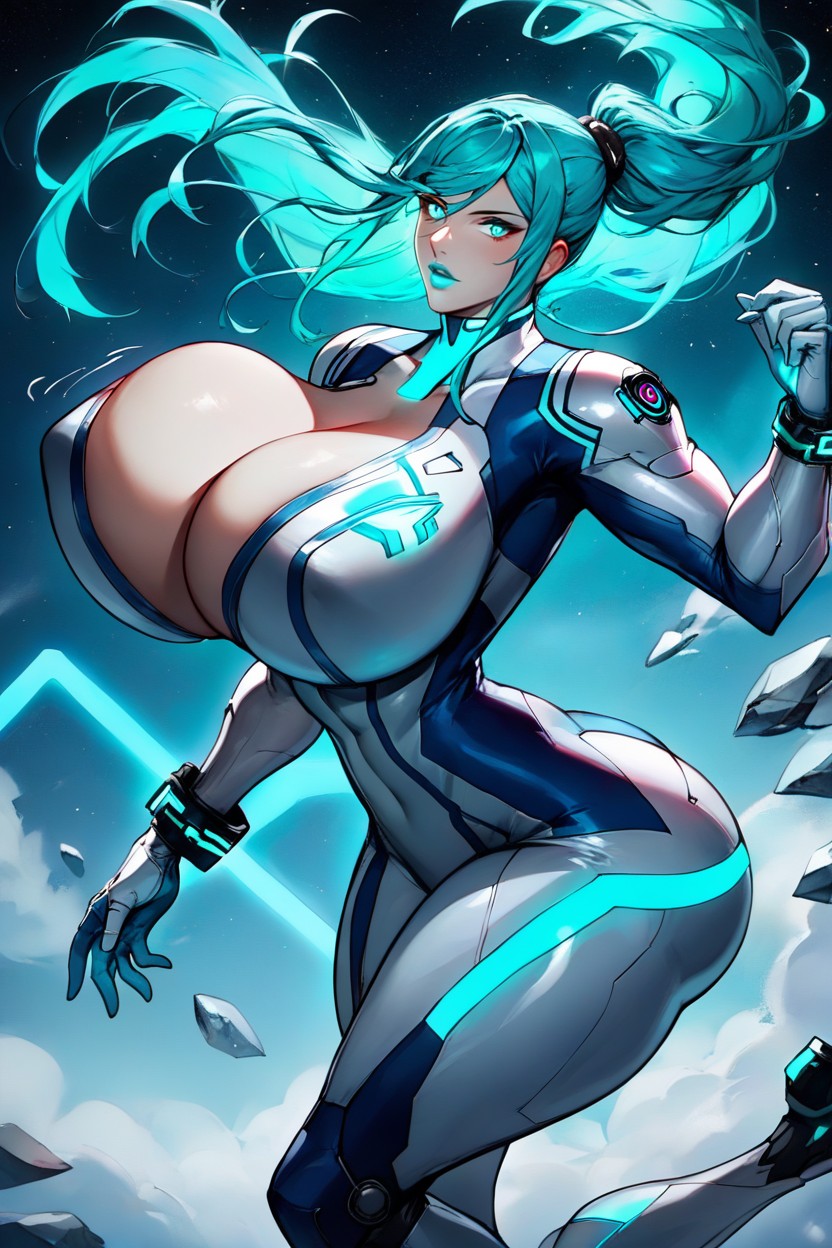 Colossal Breast, Glowing Neon Aqua Eyes, White Suit With Neon Aqua Light Lines Similar To A Suit From Tron AI Porn