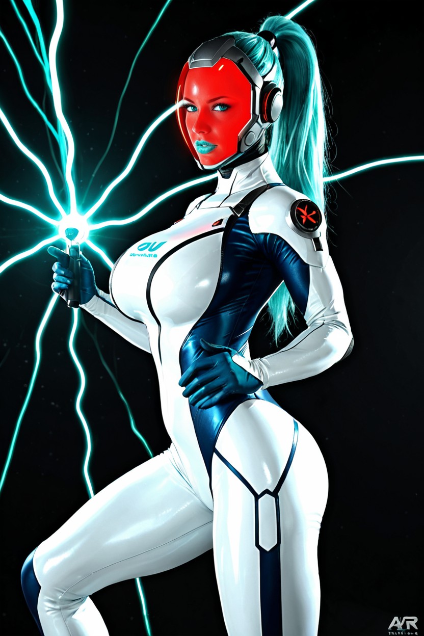 Tall And Muscular And Voluptuous Woman, White Suit With Neon Aqua Light Lines Similar To A Suit From Tron, Beautiful Face AIポルノ