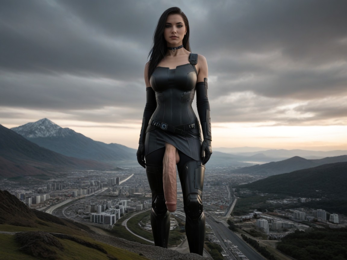 Giant Cock, Choker, Structured Green And Black Armored Bodysuit With Green Neon Accents AI Porn