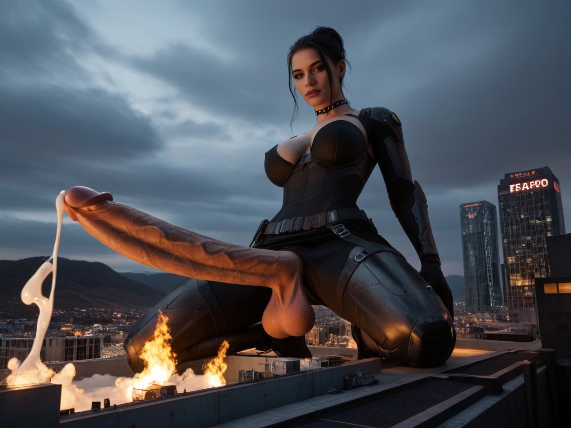 Cinematic, Macro, Soft Glow Details The Only Cum Source In The Image Should Be The Tip Of Her Cock The City Is Destroyed On Fire AI Porn