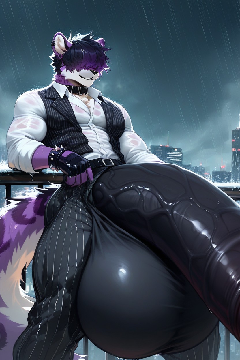 Skinny, Hyper Oversized Massive Enormous Bulge, Black Hair And Violet Hair Furry AI Porn
