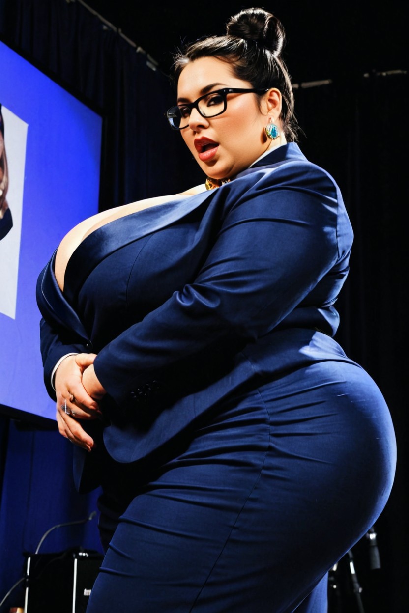 Slightly Open Mouth, Lectures With Large Audiences, Emphasizes The Bulge Of Own Huge Boobs BBW AI Porn