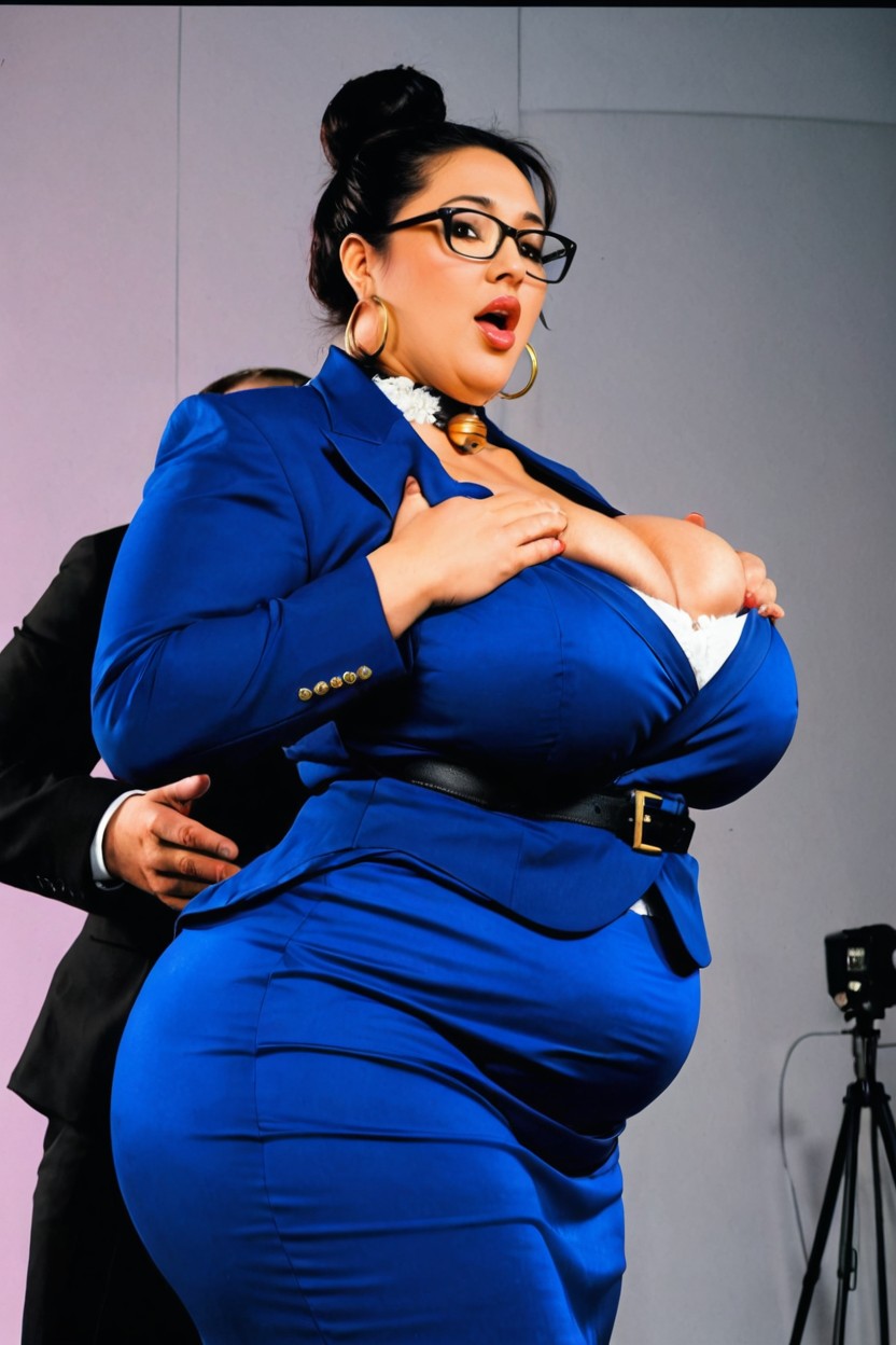 Thick Glossy Lips, Large Circular Stage, Man Grabbing Her Clothed Chest From Behind BBW AI Porn