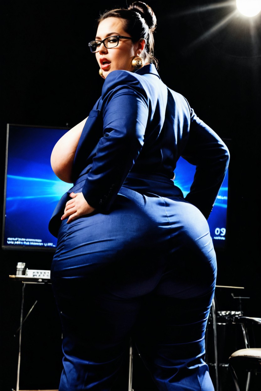 Rear View, Dressed In A Formal Suit Jacket And Pants, Emphasizes The Bulge Of Own Huge Boobs BBW AI Porn