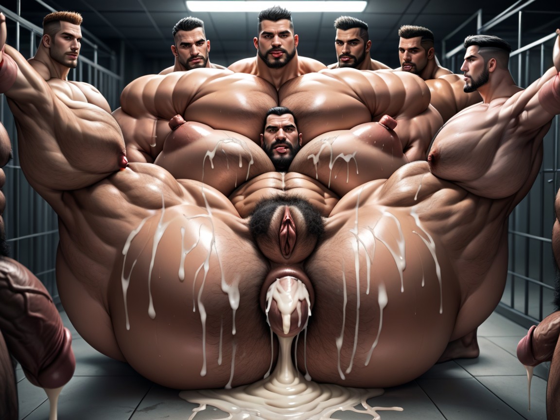 Tongue Out, Hairy Thick Hyper Muscled Body, Many Impossibly Huge Thick Cocks Everywhere AI Porn