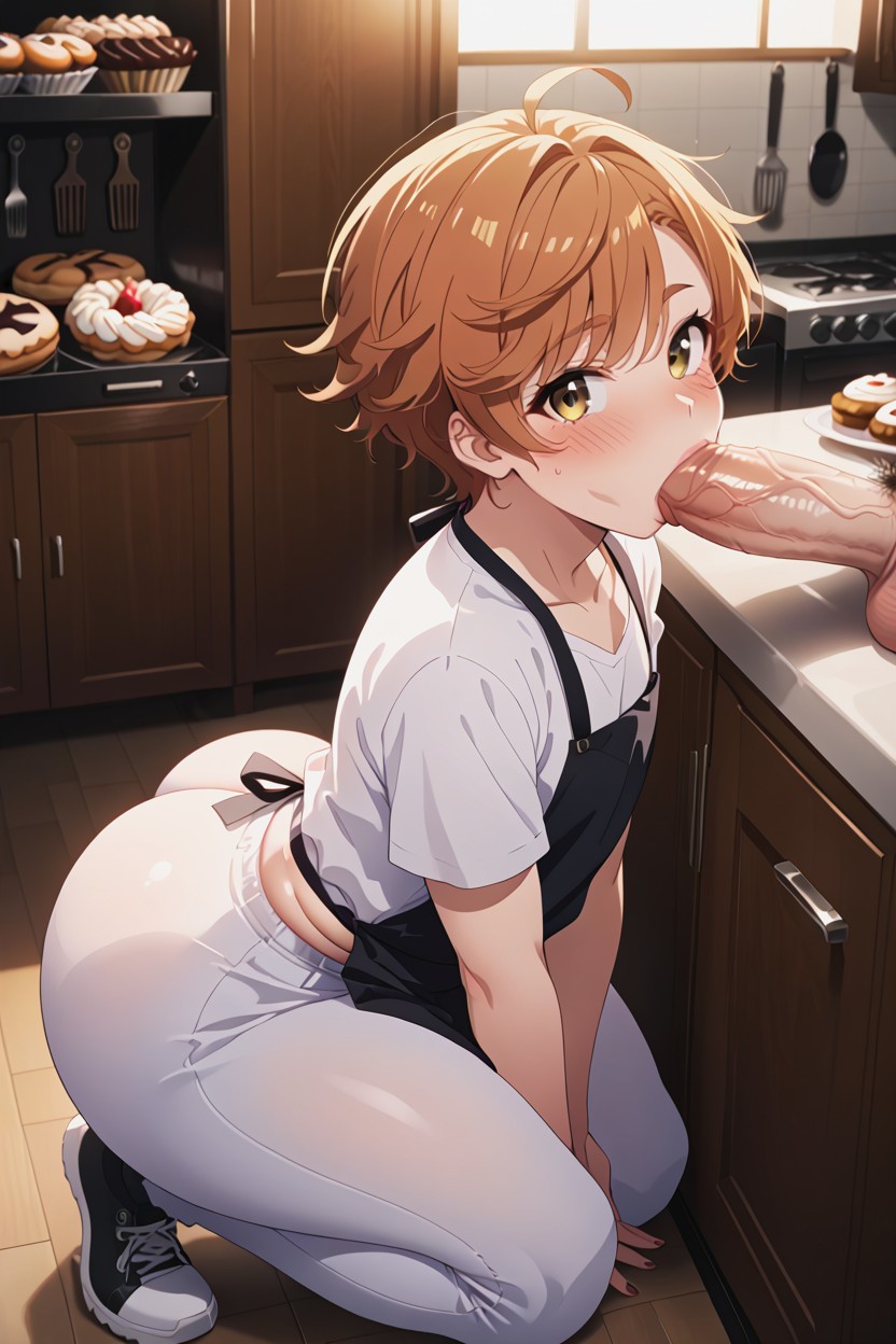 Extremely Large Ass, Black Apron, Curly Brown Hair AI Gay Porn