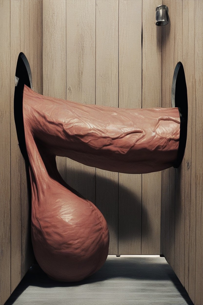 Top Down Side View, Selfie, Kneeling Man Looks At Giant Cock Coming Out Of A Gloryhole AI Gay Porn